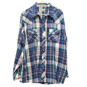 Sheplers Mens XL Blue Teal Plaid Pearl Snap Western Fit Long Sleeve Shirt